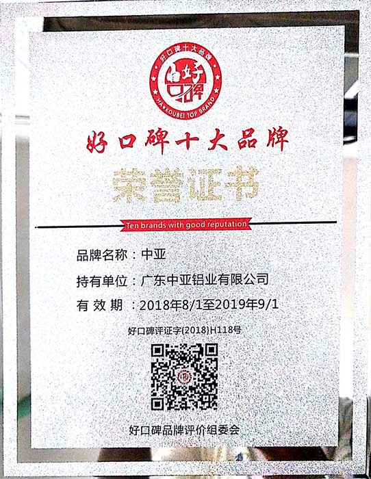 工業(yè)鋁型材榮譽(yù)證書-好口碑十大品牌